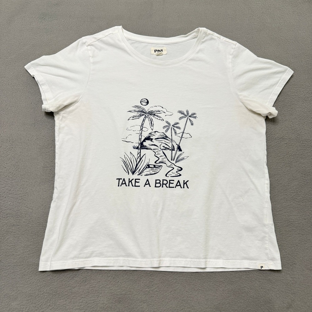 Pact Shirt Women Large White Organic Cotton Graphic Take A Break Short Sleeve